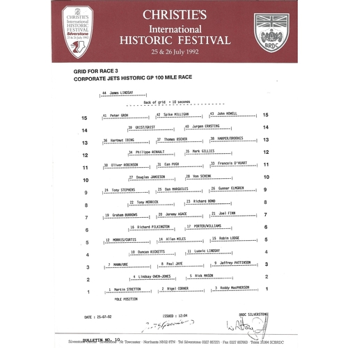 1992 Silverstone Christie's International Historic Festival Meeting (25-26/07/1992) Motor Racing Programme, Race Card, Event Entry Ticket & Practice/Result Timing Sheets