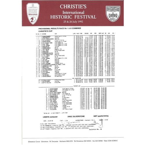 1992 Silverstone Christie's International Historic Festival Meeting (25-26/07/1992) Motor Racing Programme, Race Card, Event Entry Ticket & Practice/Result Timing Sheets