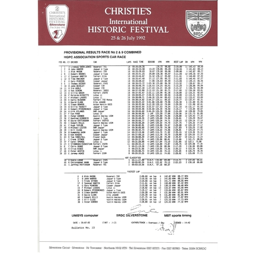 1992 Silverstone Christie's International Historic Festival Meeting (25-26/07/1992) Motor Racing Programme, Race Card, Event Entry Ticket & Practice/Result Timing Sheets