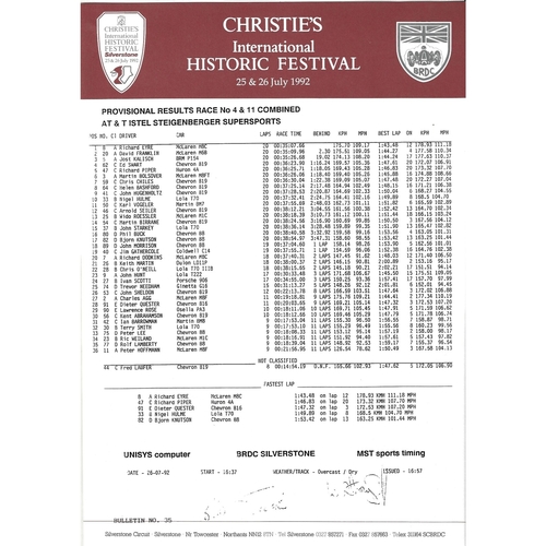 1992 Silverstone Christie's International Historic Festival Meeting (25-26/07/1992) Motor Racing Programme, Race Card, Event Entry Ticket & Practice/Result Timing Sheets