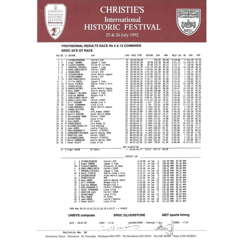 1992 Silverstone Christie's International Historic Festival Meeting (25-26/07/1992) Motor Racing Programme, Race Card, Event Entry Ticket & Practice/Result Timing Sheets