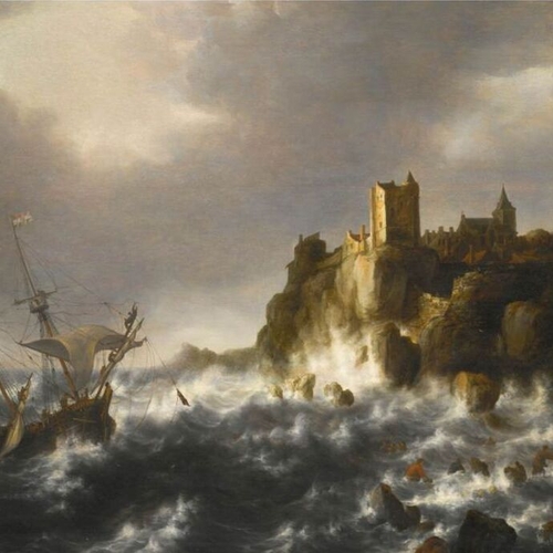 Shipwreck in Stormy Seas, near a Rocky Coast