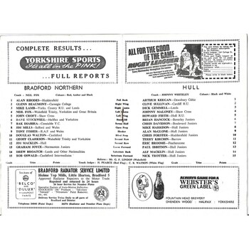 1969/70 Bradford Northern v Hull Rugby League Programme & Team Sheet