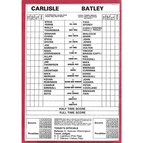1981/82 Carlisle v Batley Rugby League programme