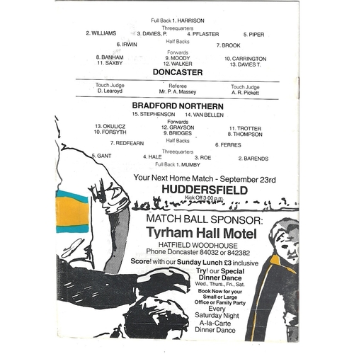 1979/80 Doncaster v Bradford Northern John Player Trophy 1st Round Rugby League Programme