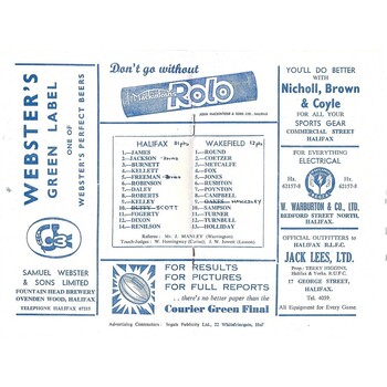 1963/64 Halifax v Wakefield Trinity Rugby League Programme