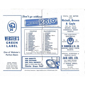 1964/65 Halifax v Featherstone Rovers Rugby League Programme