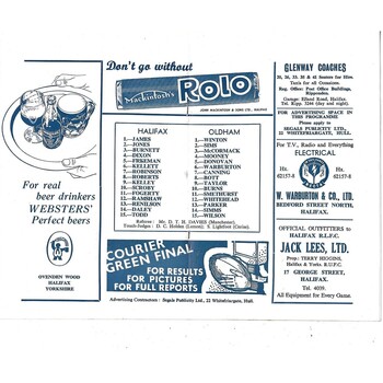 1965/66 Halifax v Oldham Rugby League Programme