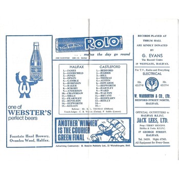 1967/68 Halifax v Castleford Rugby League Programme