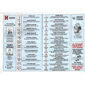 1993/94 Halifax v Keighley Cougars Rugby League Regal Trophy 2nd Round Programme