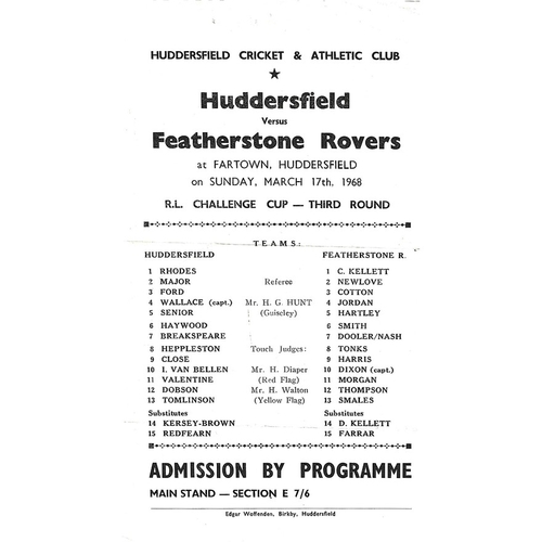 1967/68 Huddersfield v Featherstone Rovers Rugby League Challenge Cup 3rd Round Programme