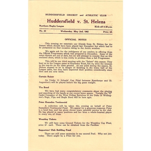 1961/62 Huddersfield v St. Helens Rugby League Programme