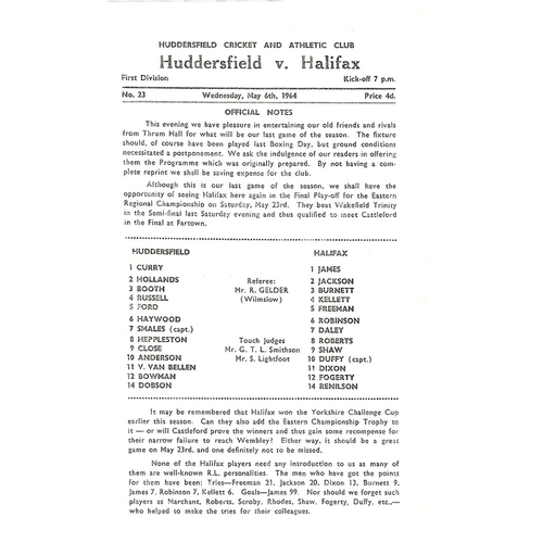 1963/64 Huddersfield v Halifax Rugby League Programme