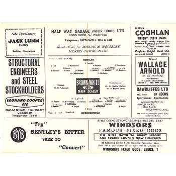1965/66 Hunslet v Huddersfield Rugby League Programme
