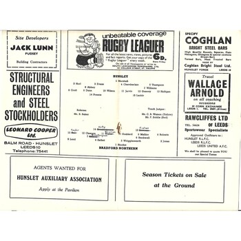 1966/67 Hunslet v Bradford Northern Rugby League Programme