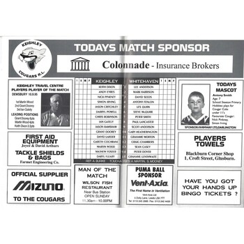 1995/96 Keighley Cougars v Whitehaven Rugby League Programme