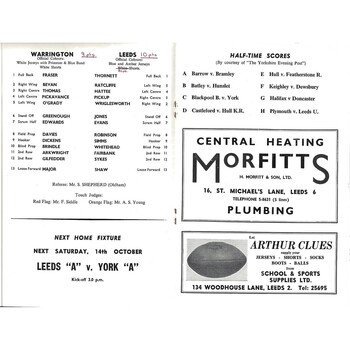 1961/62 Leeds v Warrington Rugby League Programme