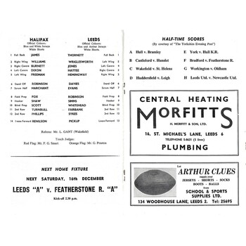 1961/62 Leeds v Halifax Rugby League Programme