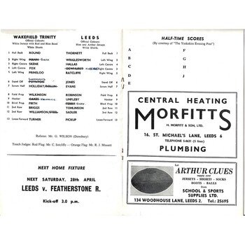 1961/62 Leeds v Wakefield Trinity Rugby League Programme