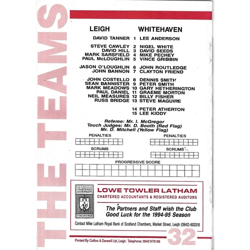 1994/95 Leigh v Whitehaven Rugby League Programme