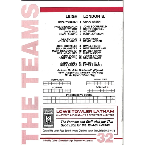 1994/95 Leigh v London Broncos Rugby League Programme