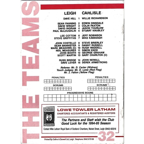 1994/95 Leigh v Carlisle Rugby League Programme