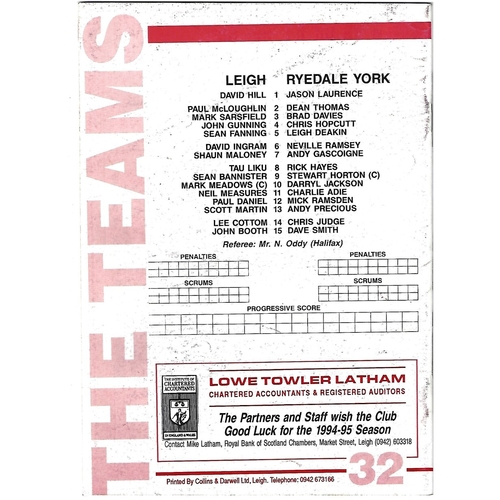 1994/95 Leigh v Ryedale York Rugby League Programme