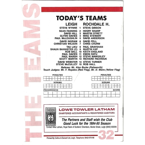 1994/95 Leigh v Rochdale Hornets Rugby League Programme