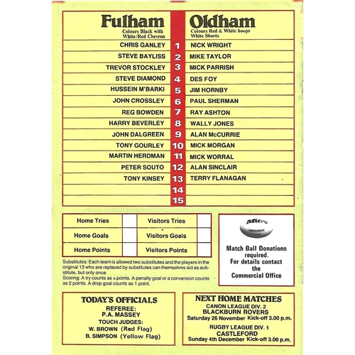 1983/84 Fulham v Oldham Rugby League Programme