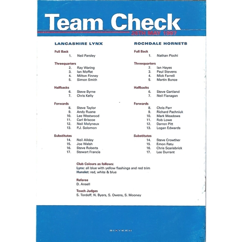 1997 Lancashire Lynx, v Rochdale Hornets Rugby League Programme