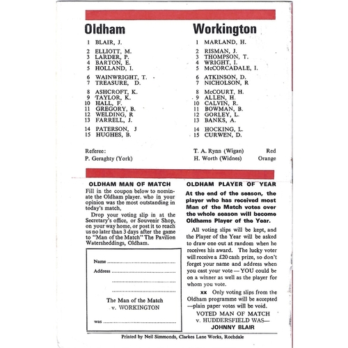 1974/75 Oldham v Workington Town Rugby League Programme