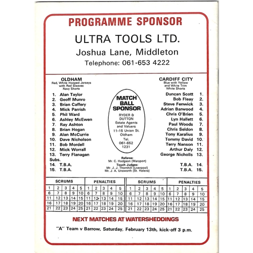 1981/82 Oldham v Cardiff City Blue Dragons Rugby League Programme