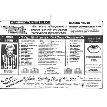 1987/88 Wakefield Trinity v Featherstone Rovers Rugby League Programme