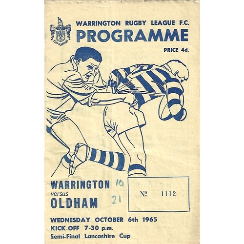 1965/66 Warrington v Oldham Lancashire Cup Semi Final Rugby League Programme