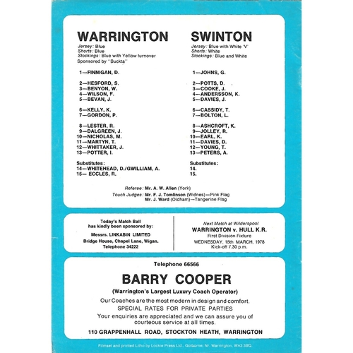 1977/78 Warrington v Swinton Rugby League Challenge Cup 2nd Round Programme