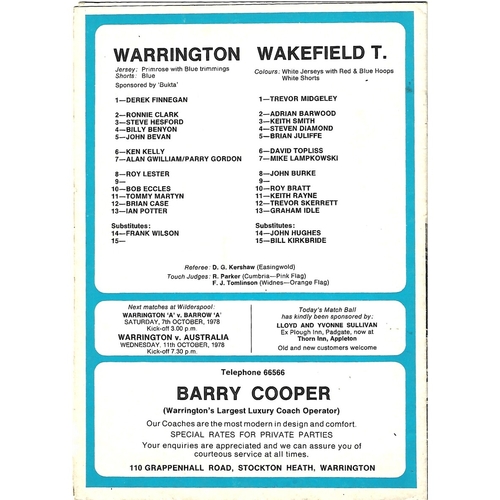 1978/79 Warrington v Wakefield Trinity Rugby League Programme