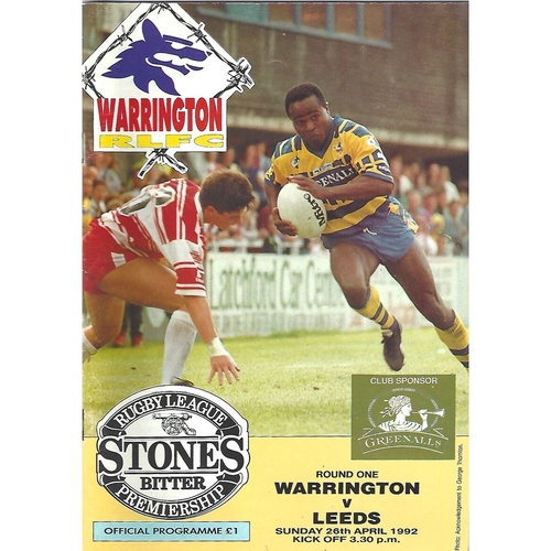 1991/92 Warrington v Leeds Rugby League Programme