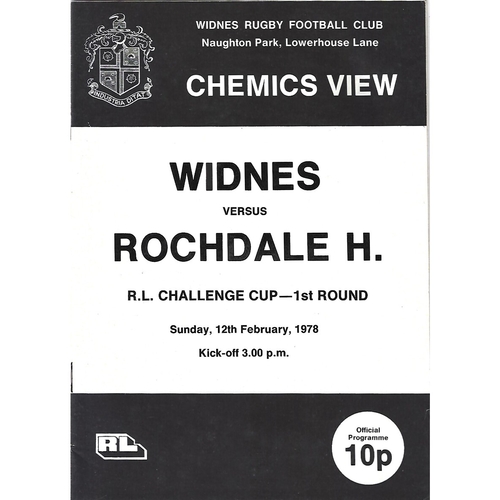 1977/78 Widnes v Rochdale Hornets Rugby League Challenge Cup 1st Round Programme