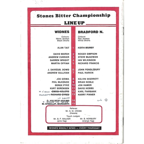 1988/89 Widnes v Bradford Northern Rugby League Programme