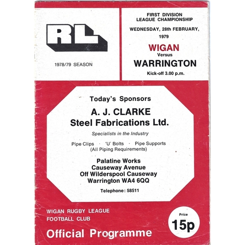 1978/79 Wigan v Warrington Rugby League Programme