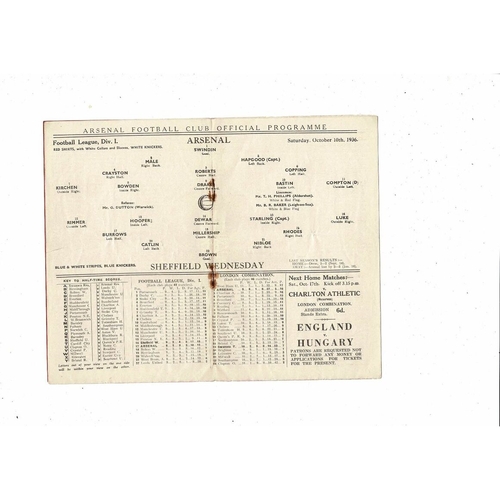 1936/37 Arsenal v Sheffield Wednesday Football Programme