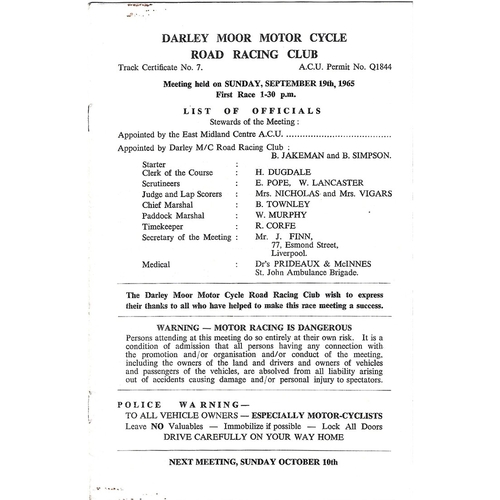 1965 Darley Moor Motor Cycle Road Racing Club Meeting (19/09/1965) Motor Cycle Racing Programme
