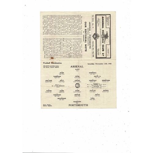Arsenal v Portsmouth Football Combination Programme 1948/49