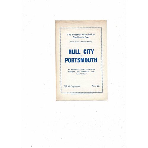 1966/67 Hull City v Portsmouth FA Cup Replay Football Programme @ Coventry City