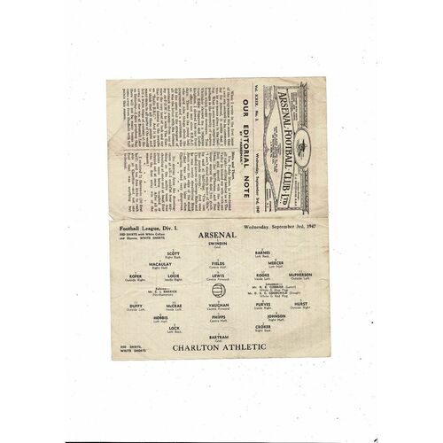 1947/48 Arsenal v Charlton Athletic Football Programme