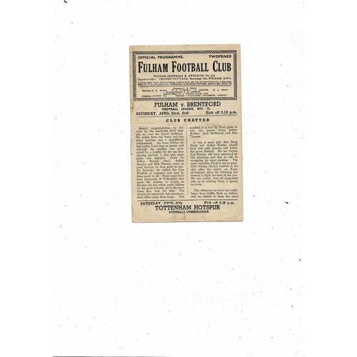 1948/49 Fulham v Brentford Football Programme
