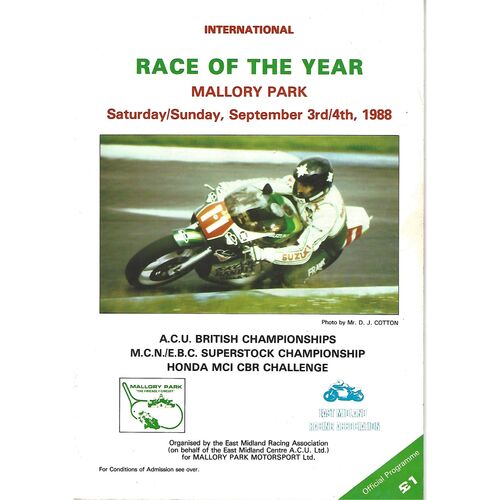 1988 Mallory Park International Race of the Year Race Meeting (03-04/09/1988) Motor Cycle Racing Programme