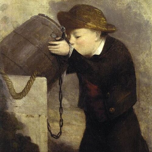 Boy Drinking from a Barrel