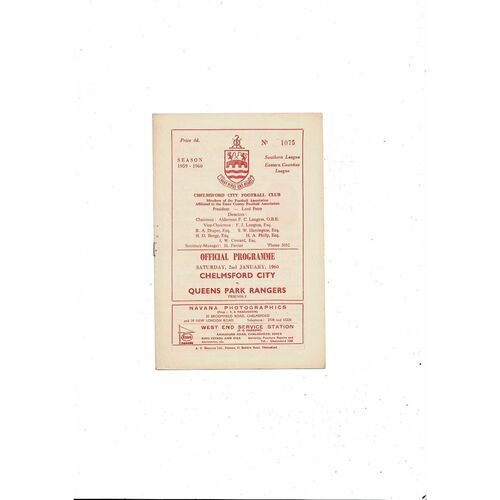 Chelmsford City v Queens Park Rangers Friendly Football Programme 1959/60