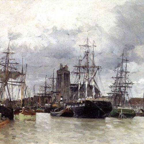 Dordrecht Harbor with Shipping and Cathedral